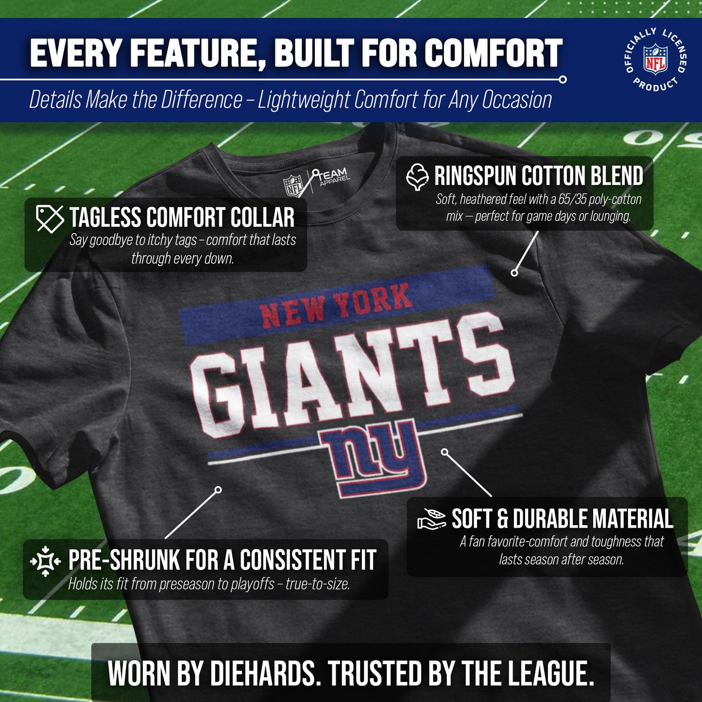 New York Giants NFL Adult Team Block Tagless T-Shirt - Charcoal