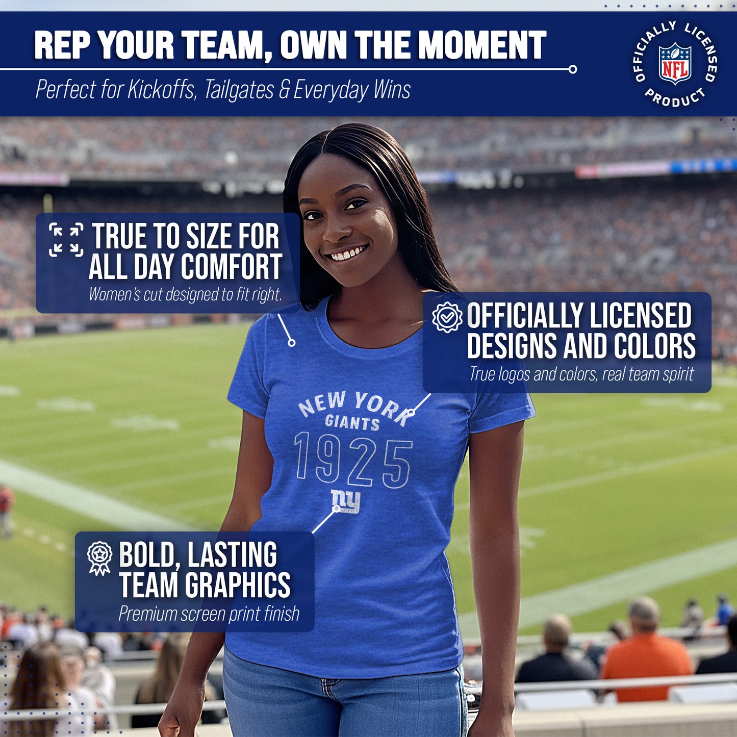 New York Giants NFL Womens Big Date Tag-Less T-Shirt - Royal
