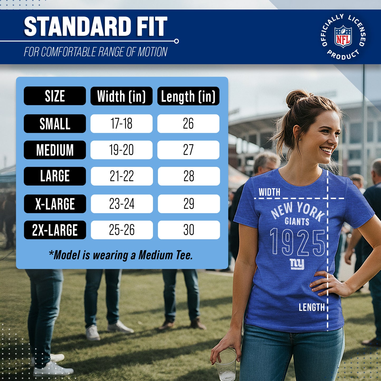 New York Giants NFL Womens Big Date Tag-Less T-Shirt - Royal