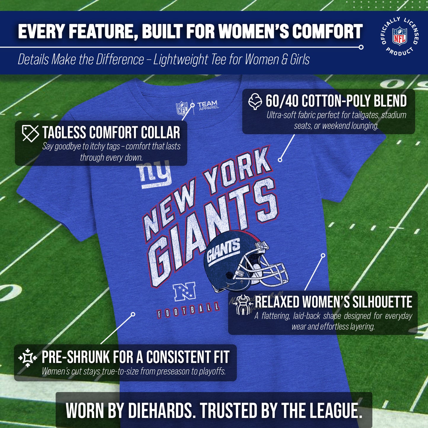 New York Giants NFL Womens Distressed Helmet Tag-Less Soft T-Shirt - Royal Heather