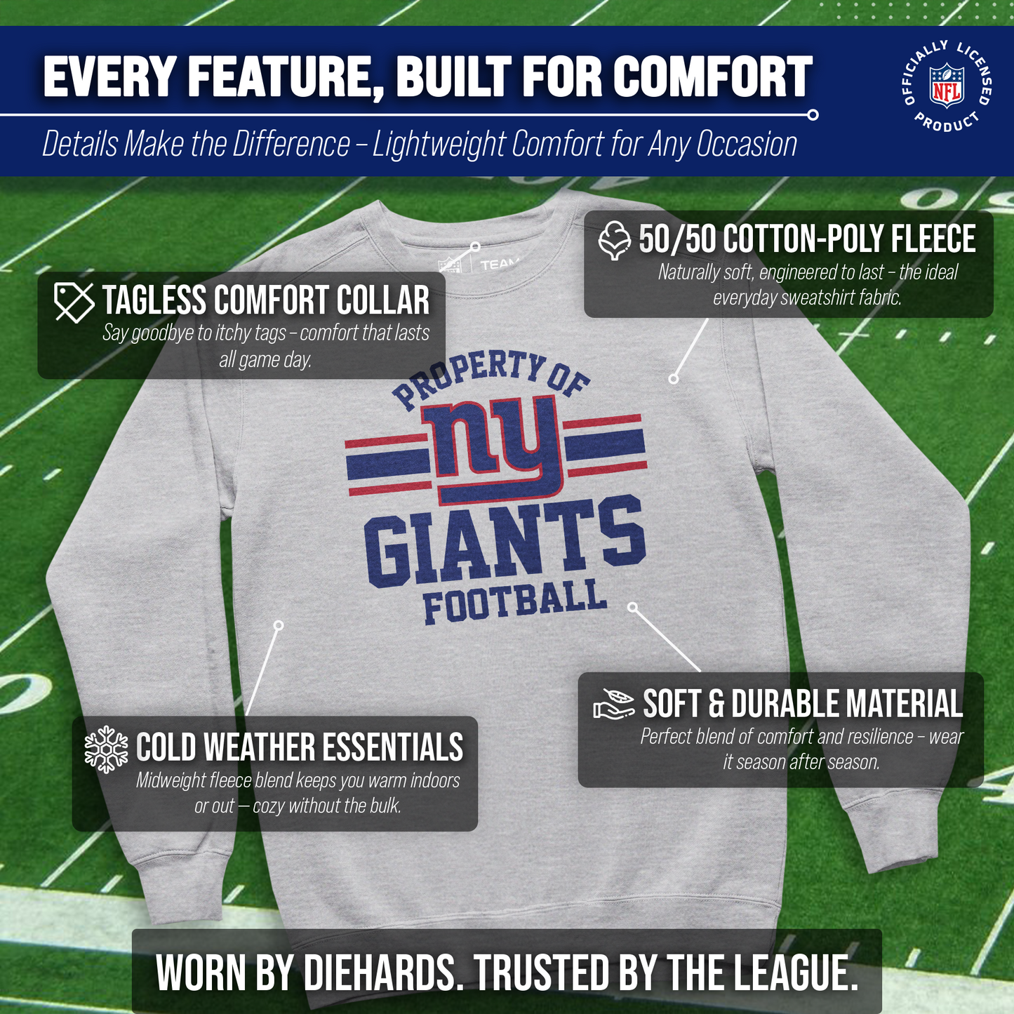 New York Giants NFL Adult Property Of Crewneck Fleece Sweatshirt - Sport Gray