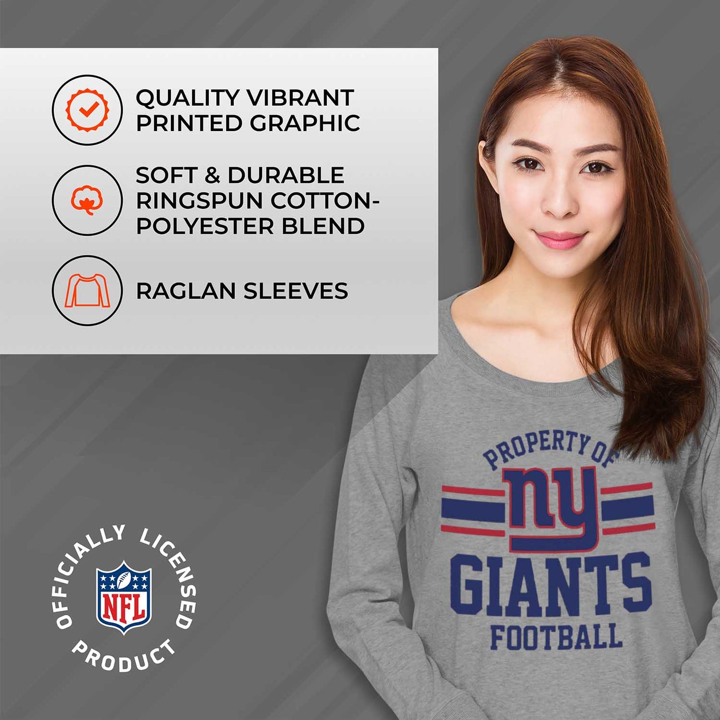 New York Giants NFL Womens Property of Lighweight Crew Neck - Sport Gray
