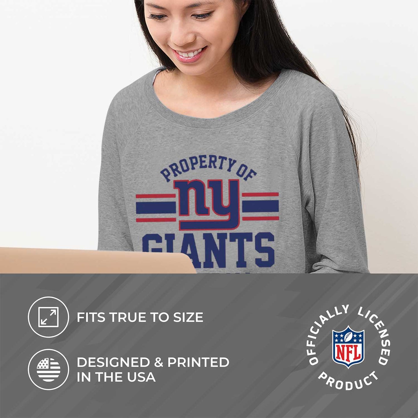 New York Giants NFL Womens Property of Lighweight Crew Neck - Sport Gray