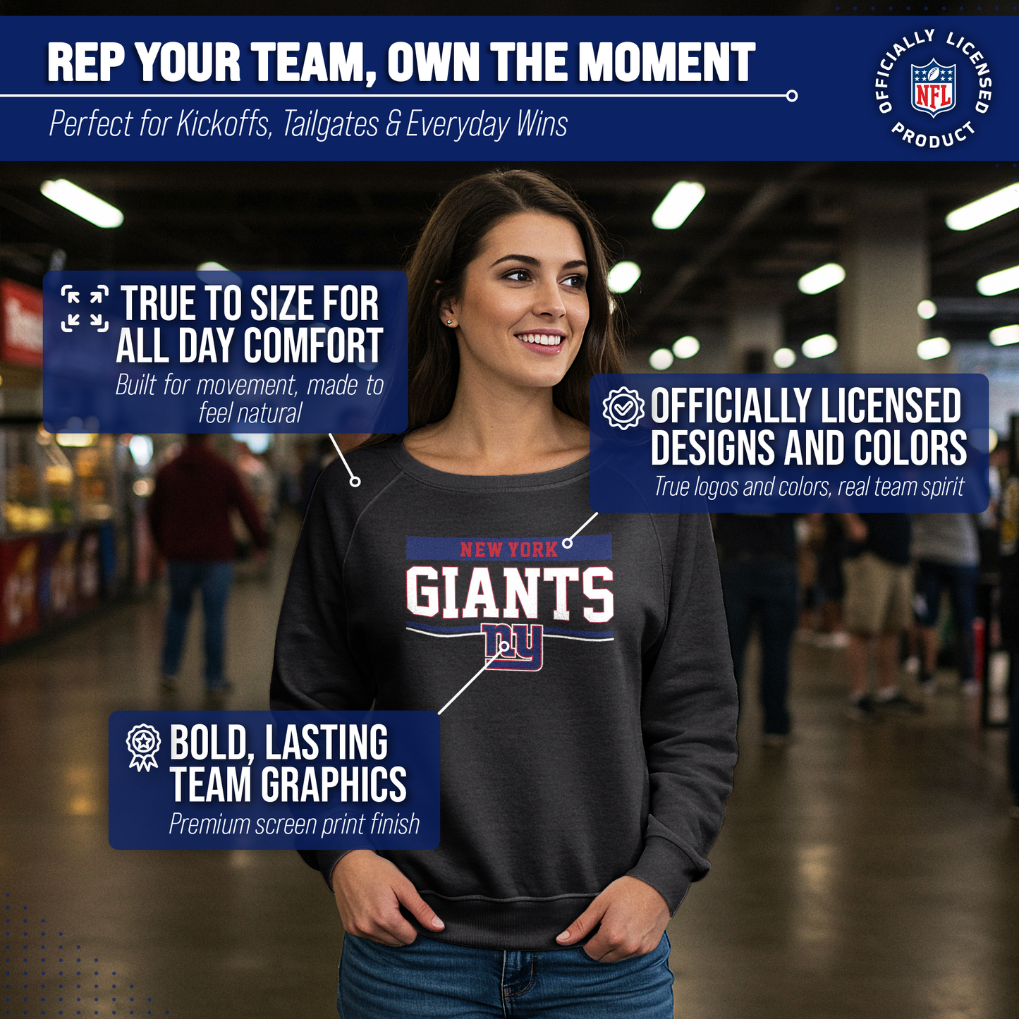 New York Giants NFL Womens Charcoal Crew Neck Football Apparel - Charcoal