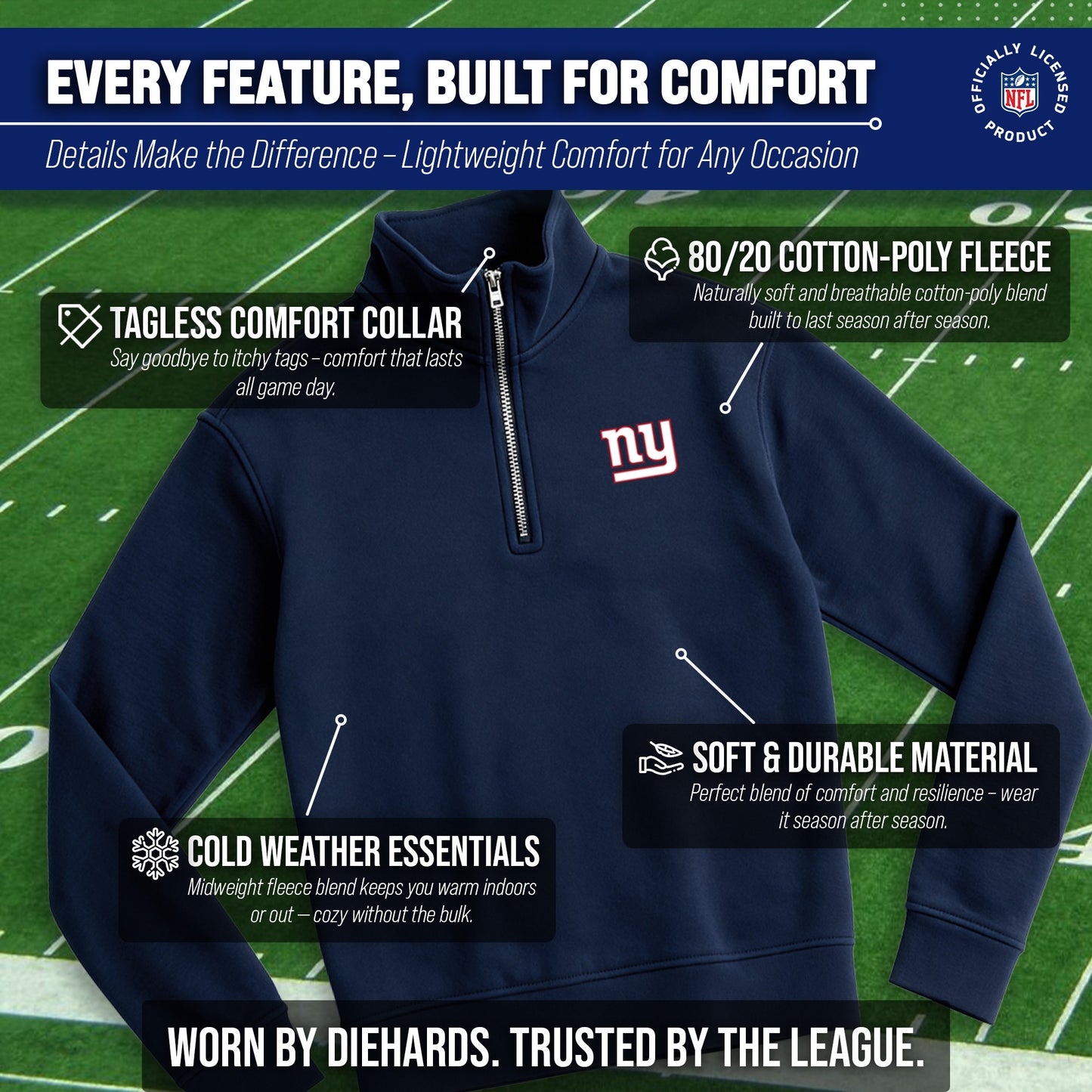 New York Giants NFL Adult Unisex Team Logo Quarter Zip Pullover Sweatshirt - Navy