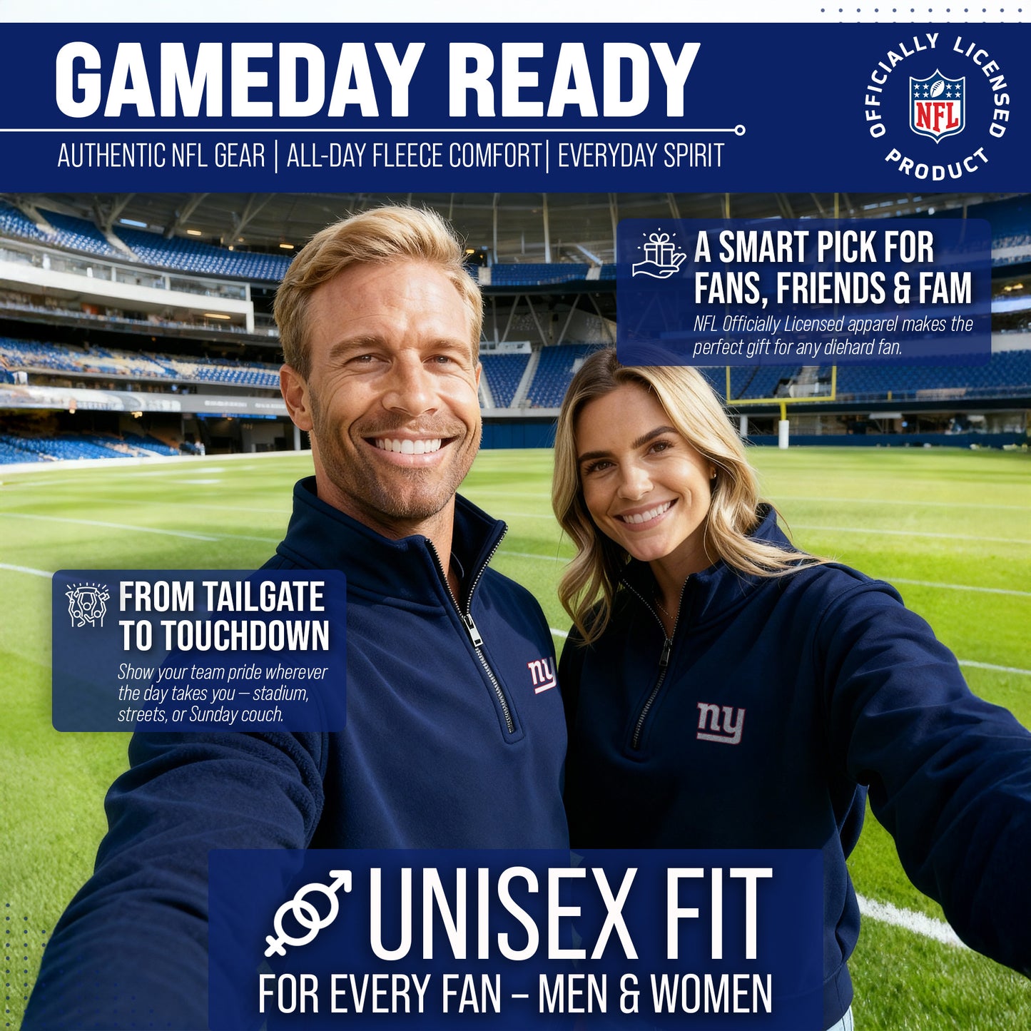 New York Giants NFL Adult Unisex Team Logo Quarter Zip Pullover Sweatshirt - Navy