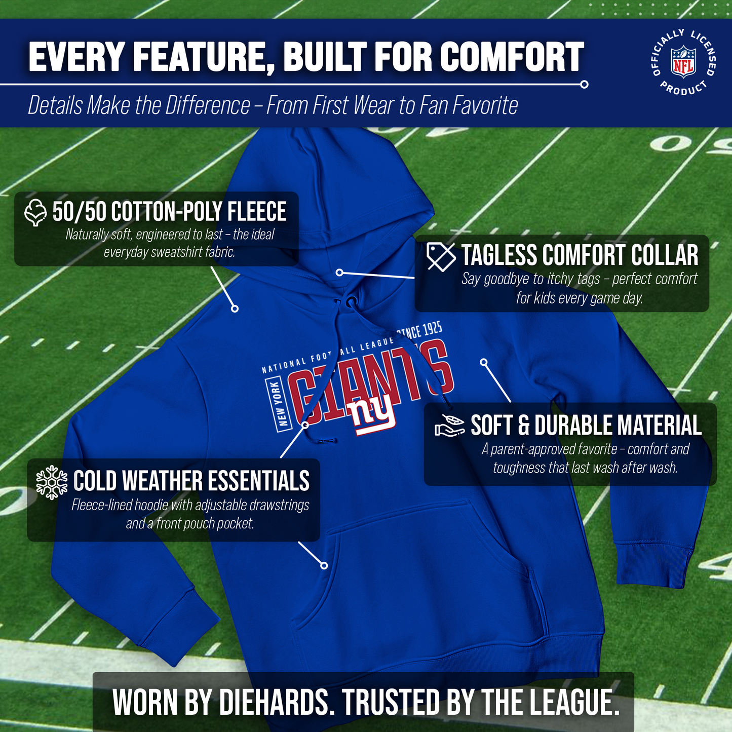 New York Giants NFL Adult Unisex Modern Endzone Soft Fleece Hooded Sweatshirt - Royal