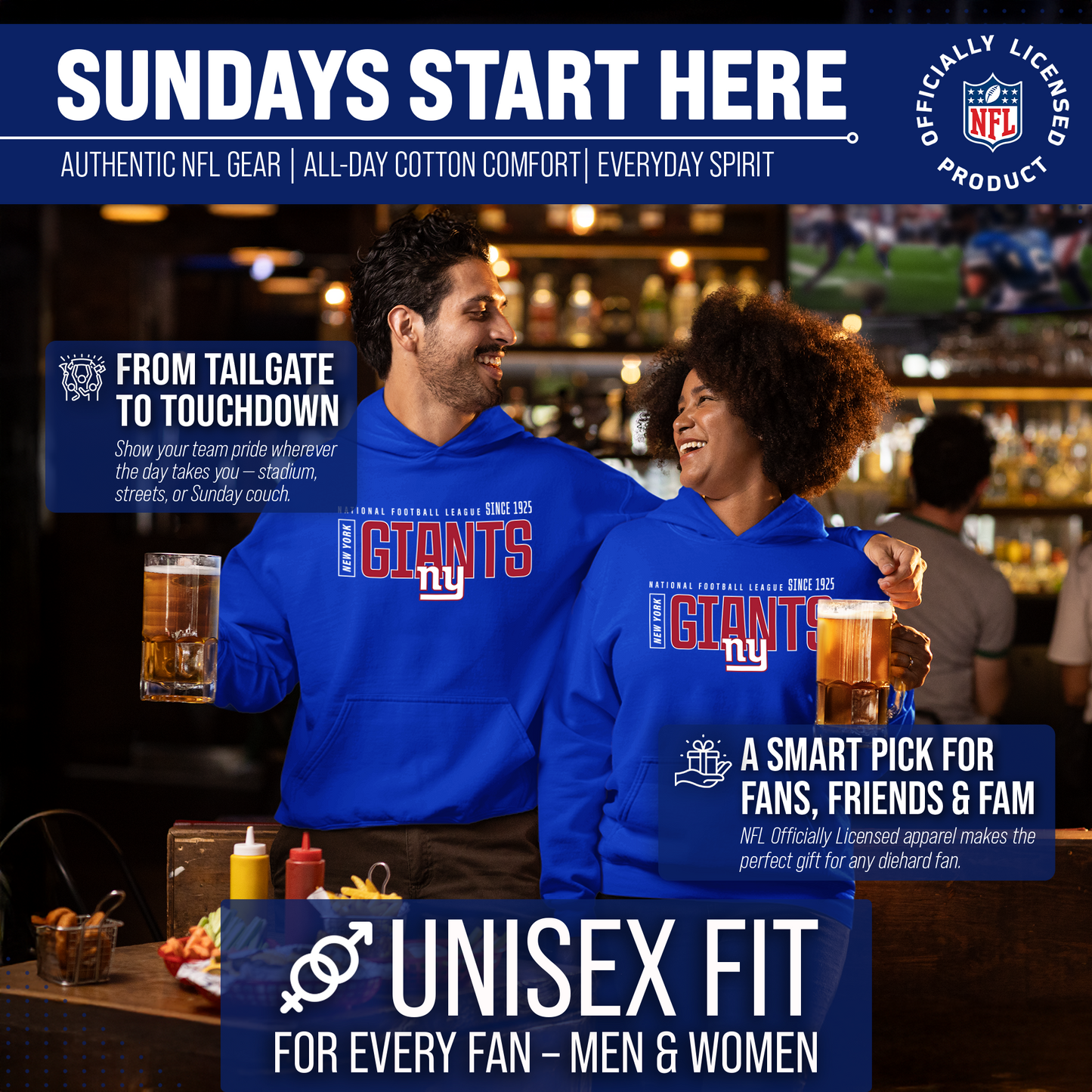 New York Giants NFL Adult Unisex Modern Endzone Soft Fleece Hooded Sweatshirt - Royal