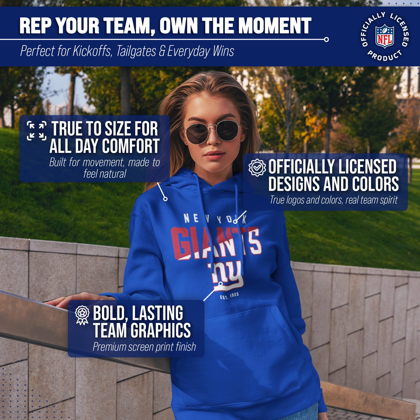New York Giants Adult NFL Diagonal Fade Fleece Hooded Sweatshirt - Royal