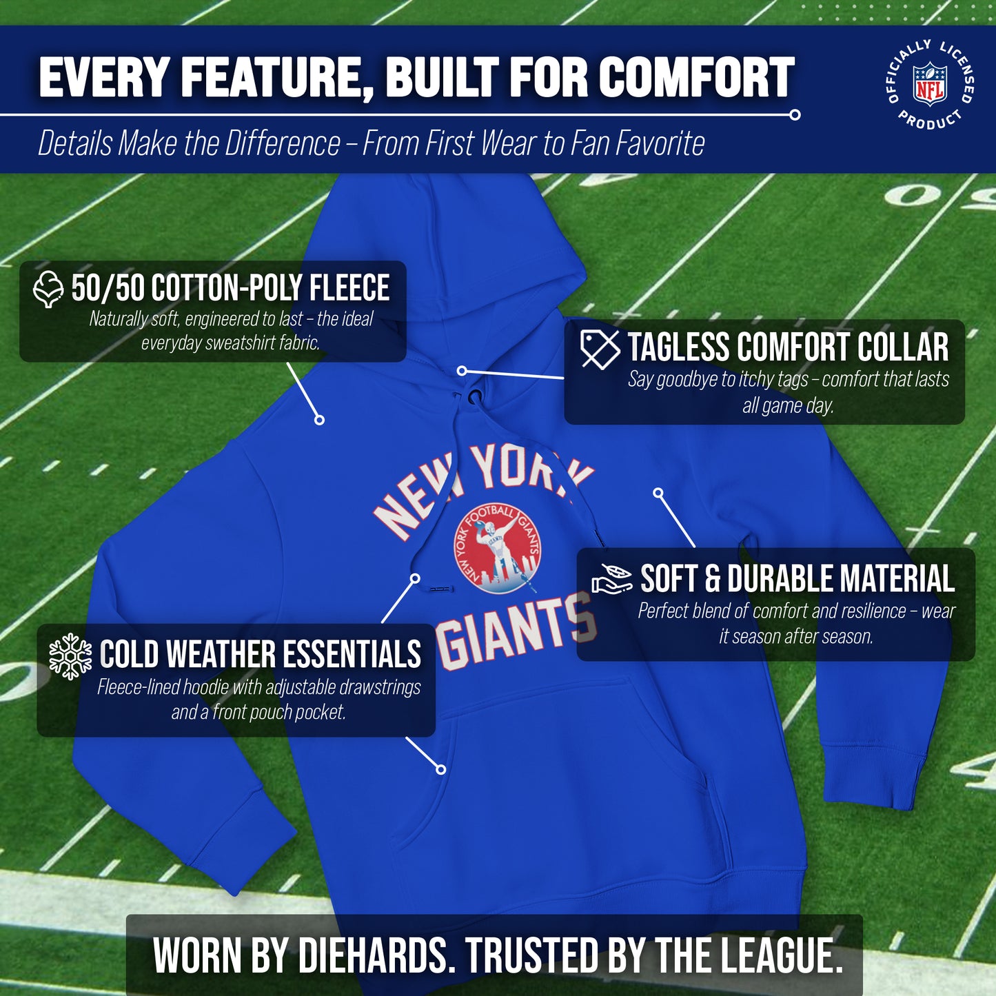 New York Giants NFL Adult Unisex Retro Gameday Ultra Soft Fleece Hooded Sweatshirt - Royal