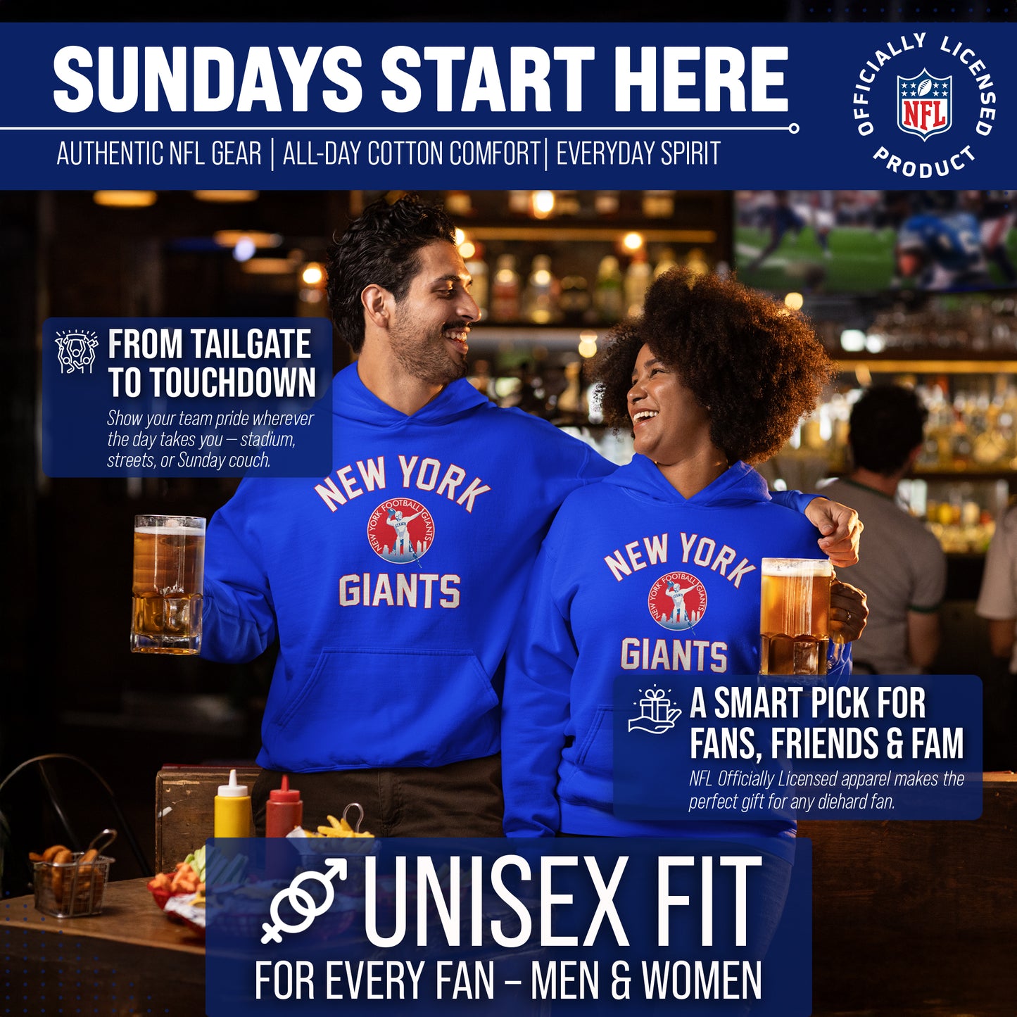 New York Giants NFL Adult Unisex Retro Gameday Ultra Soft Fleece Hooded Sweatshirt - Royal