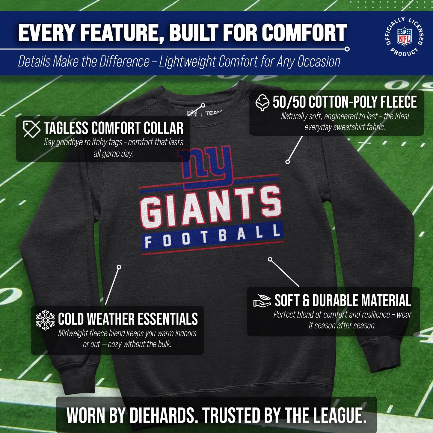 New York Giants NFL Adult True Fan Crewneck Sweatshirt - Charcoal