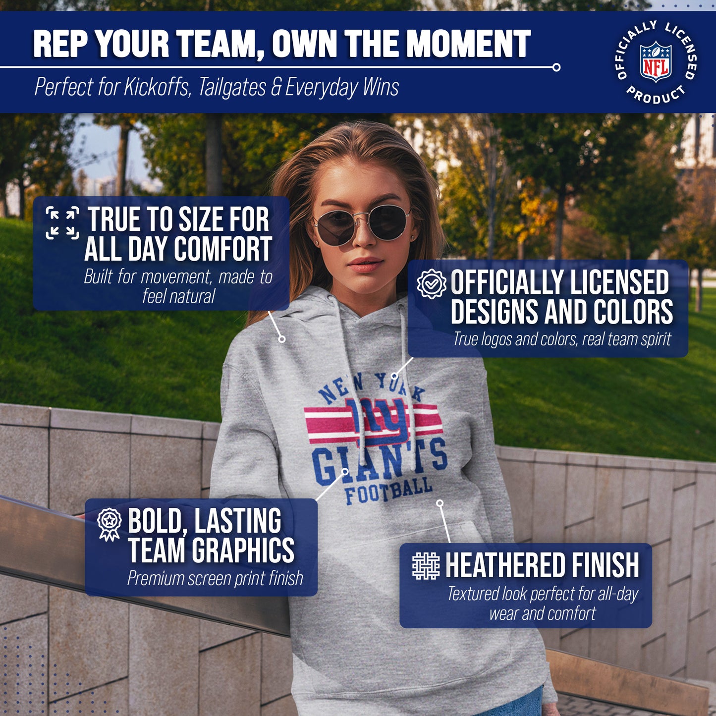 New York Giants NFL Team Stripe Hooded Sweatshirt- Soft Pullover Sports Hoodie For Men & Women - Sport Gray