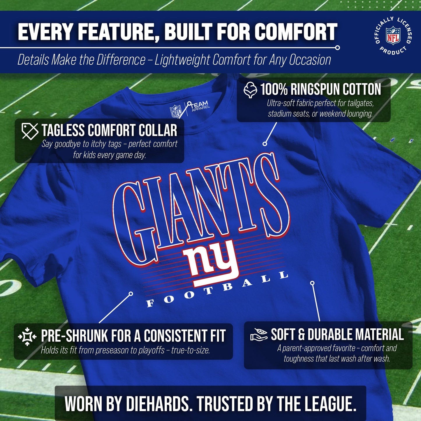 New York Giants NFL Youth Overtime Blueprint Football T-Shirt Unisex Tag Free Comfortable - Royal