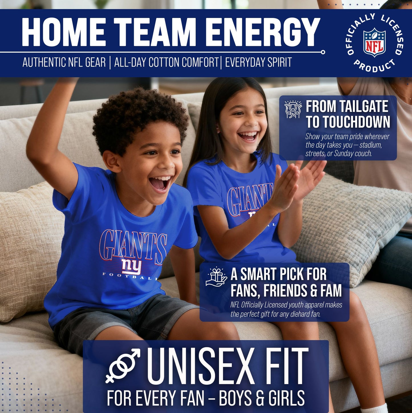 New York Giants NFL Youth Overtime Blueprint Football T-Shirt Unisex Tag Free Comfortable - Royal