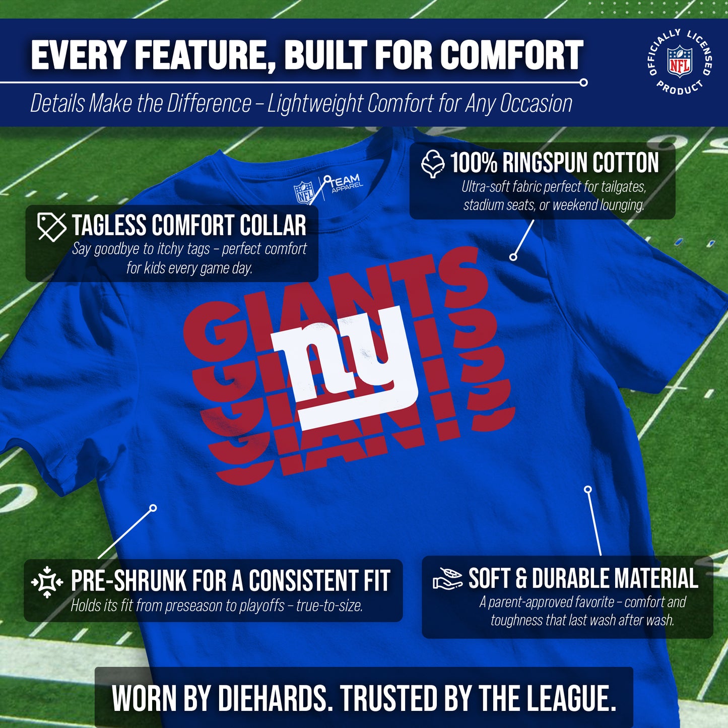 New York Giants NFL Youth Repeating Logo Football T-Shirt Unisex Tag Free Comfortable - Royal