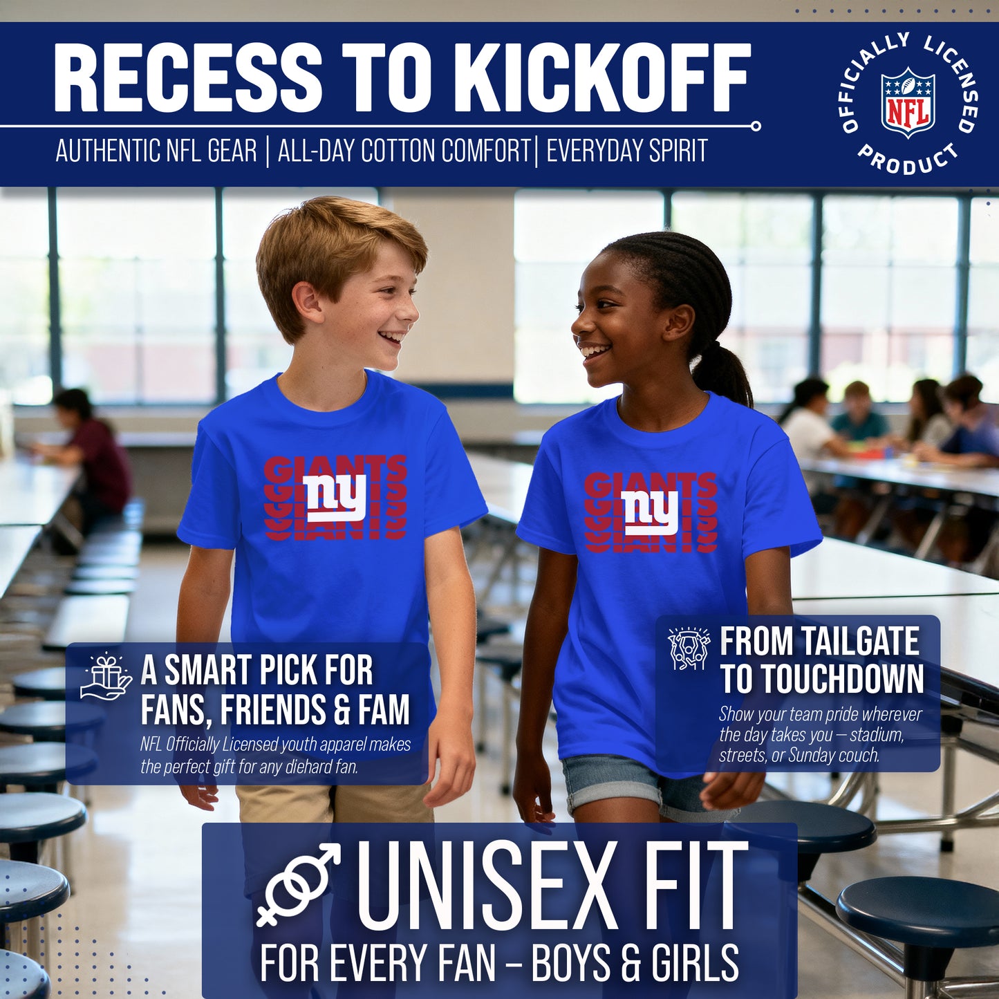 New York Giants NFL Youth Repeating Logo Football T-Shirt Unisex Tag Free Comfortable - Royal