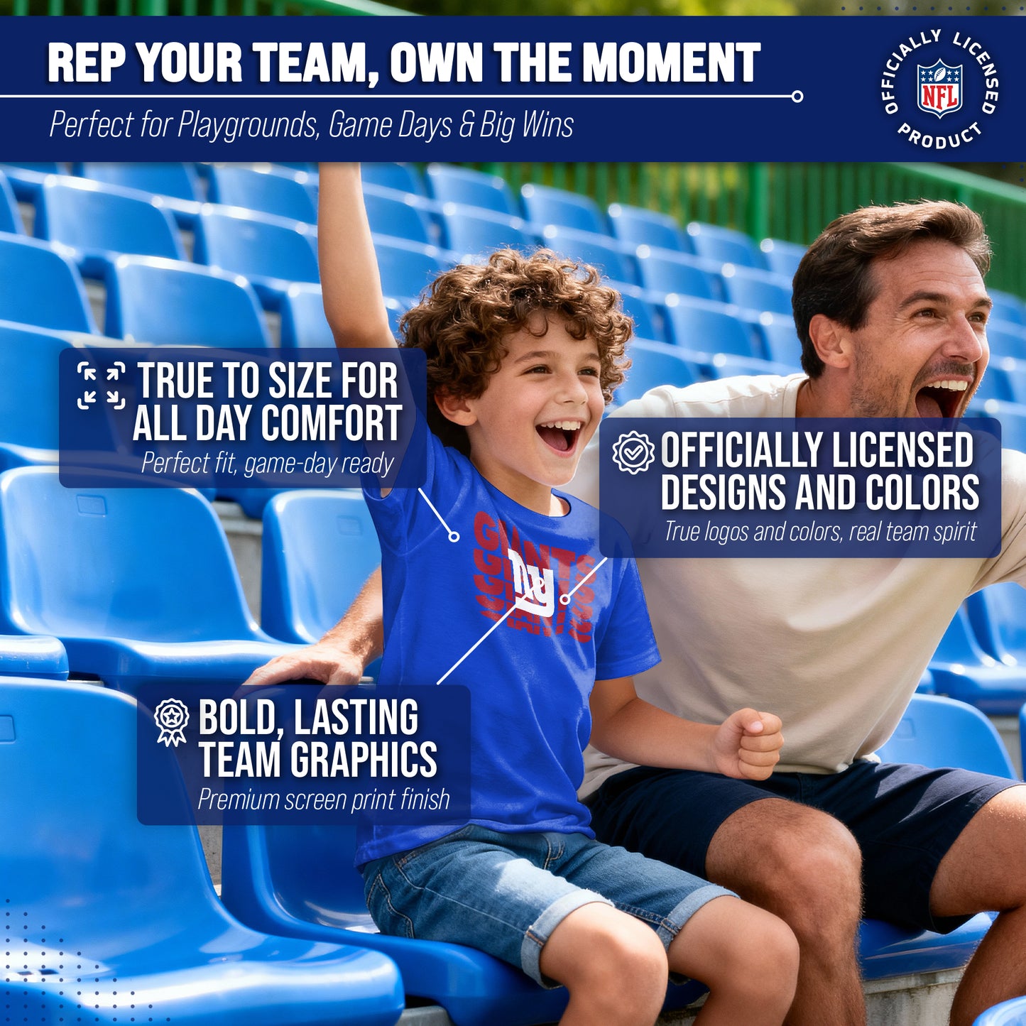 New York Giants NFL Youth Repeating Logo Football T-Shirt Unisex Tag Free Comfortable - Royal