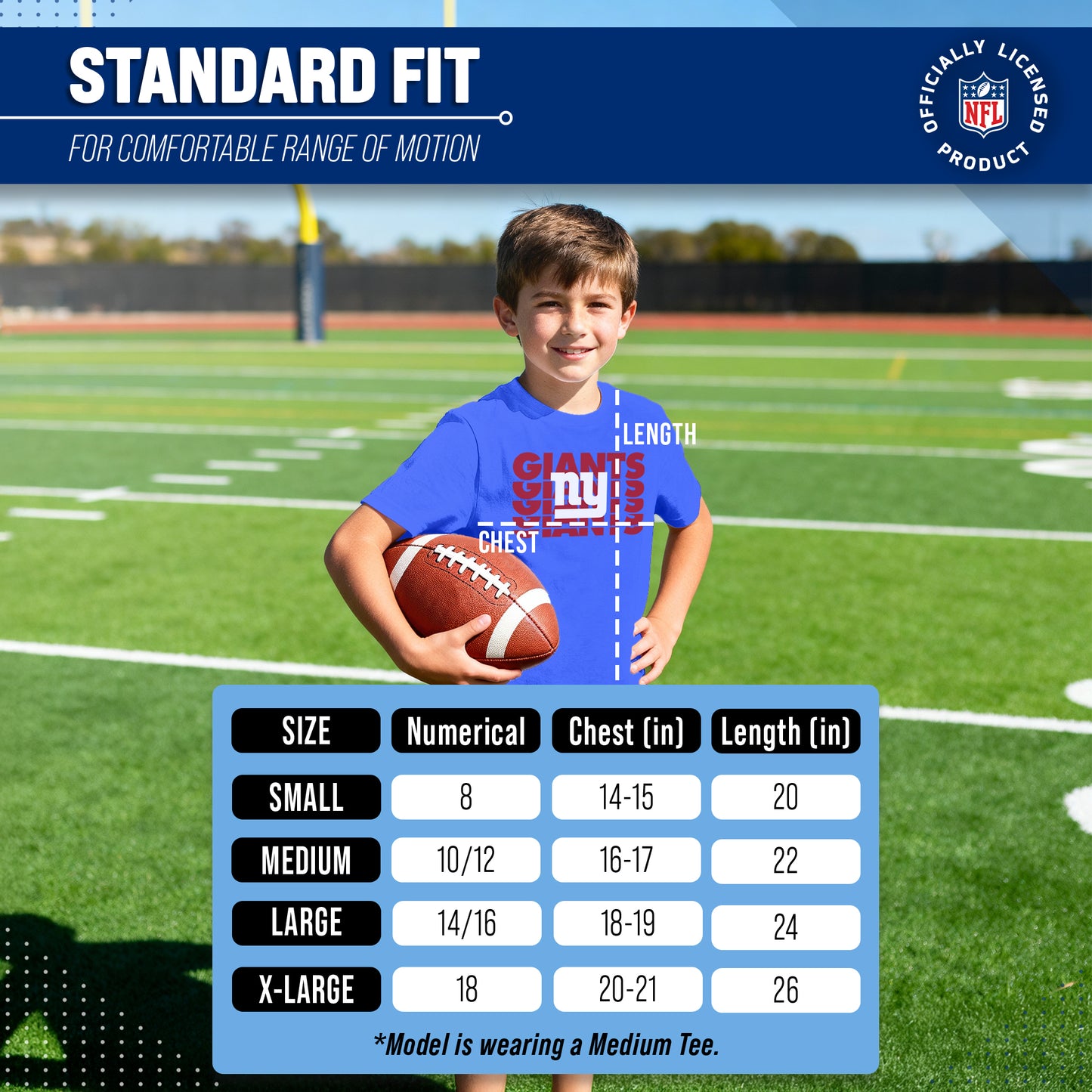 New York Giants NFL Youth Repeating Logo Football T-Shirt Unisex Tag Free Comfortable - Royal