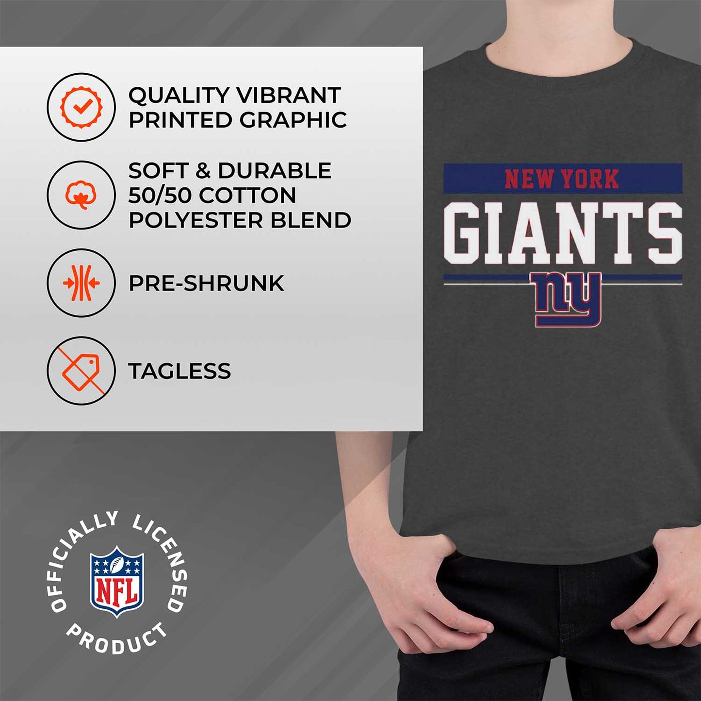New York Giants NFL Youth Short Sleeve Charcoal T Shirt - Charcoal