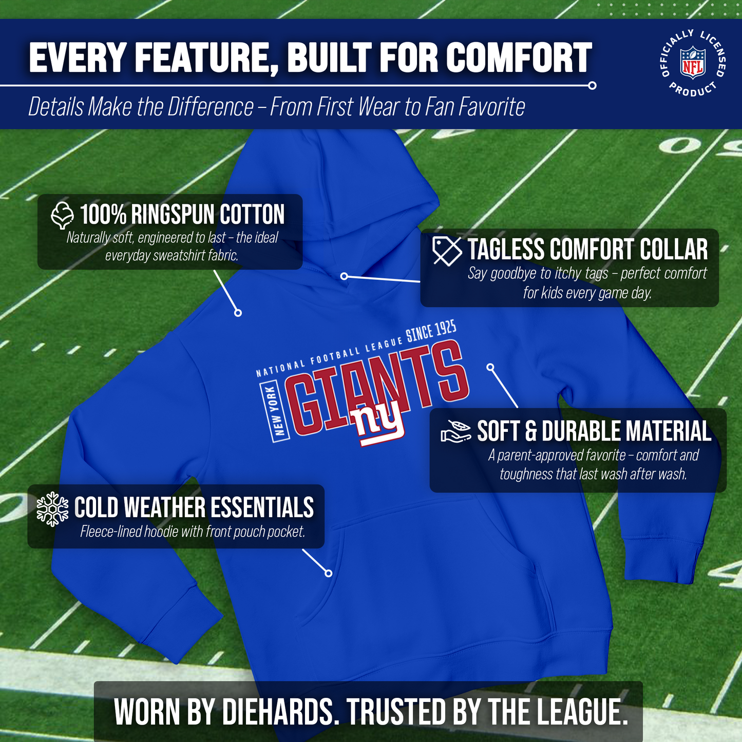 New York Giants NFL Youth Modern Endzone Football Fleece Hooded Sweatshirt - Royal