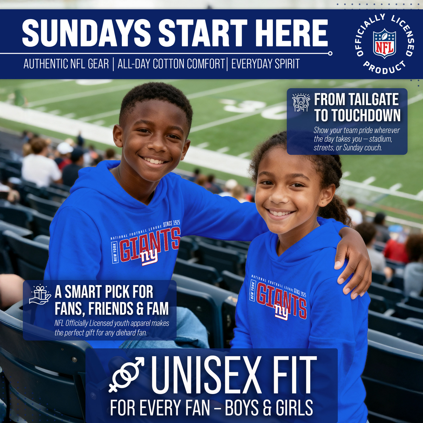 New York Giants NFL Youth Modern Endzone Football Fleece Hooded Sweatshirt - Royal