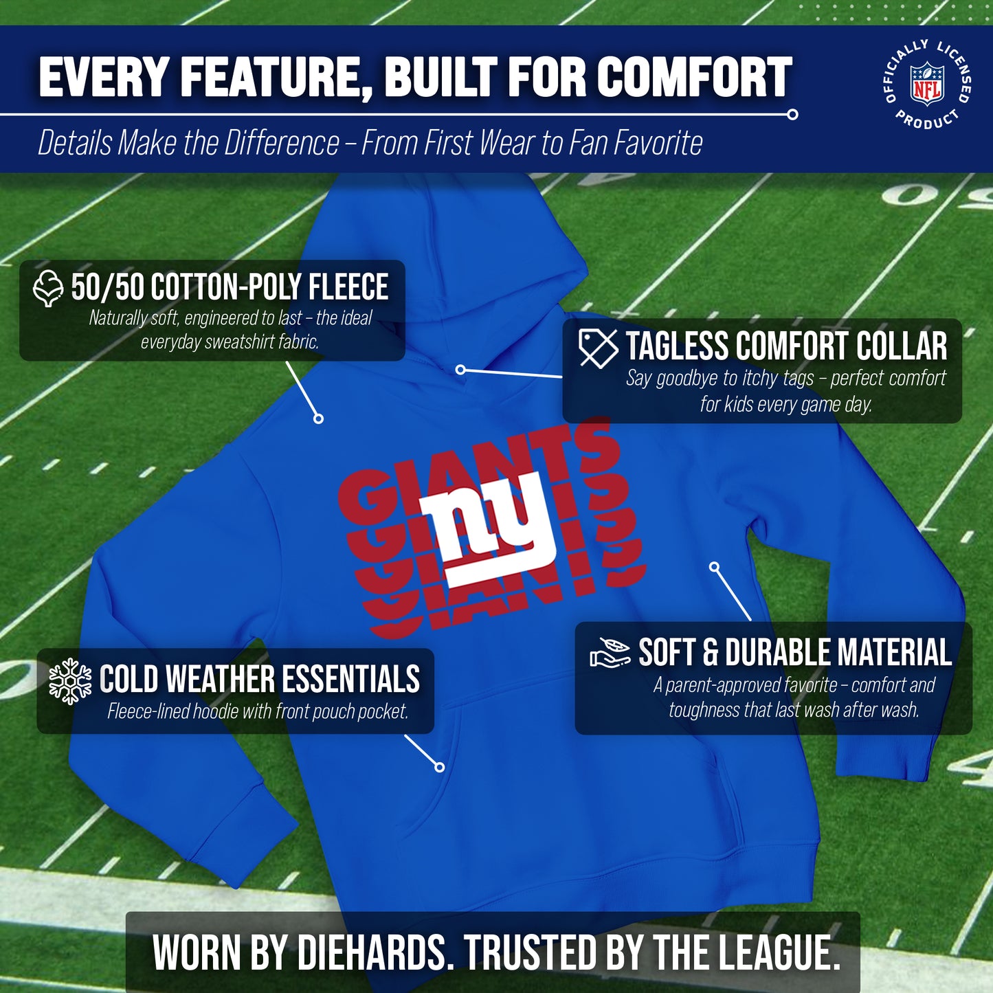 New York Giants NFL Youth Repeating Logo Football Fleece Hooded Sweatshirt - Royal