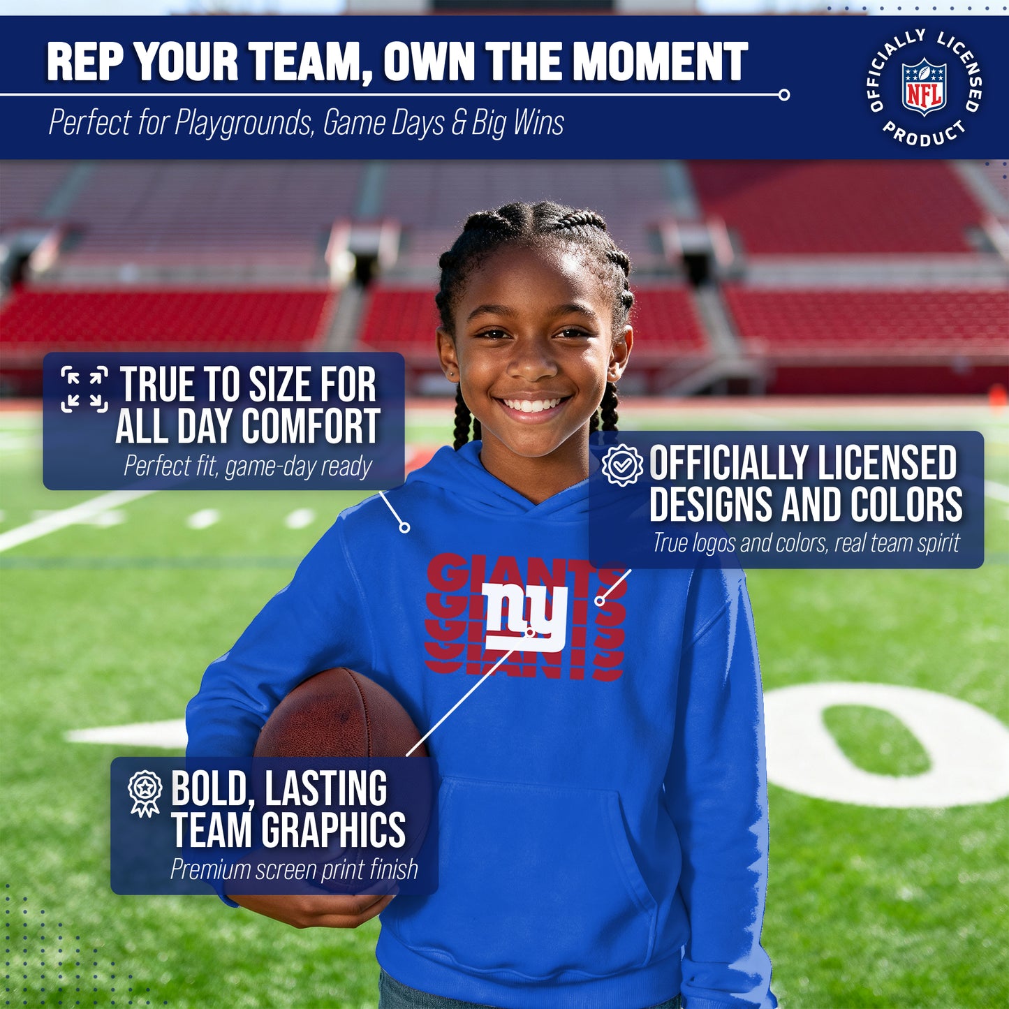 New York Giants NFL Youth Repeating Logo Football Fleece Hooded Sweatshirt - Royal