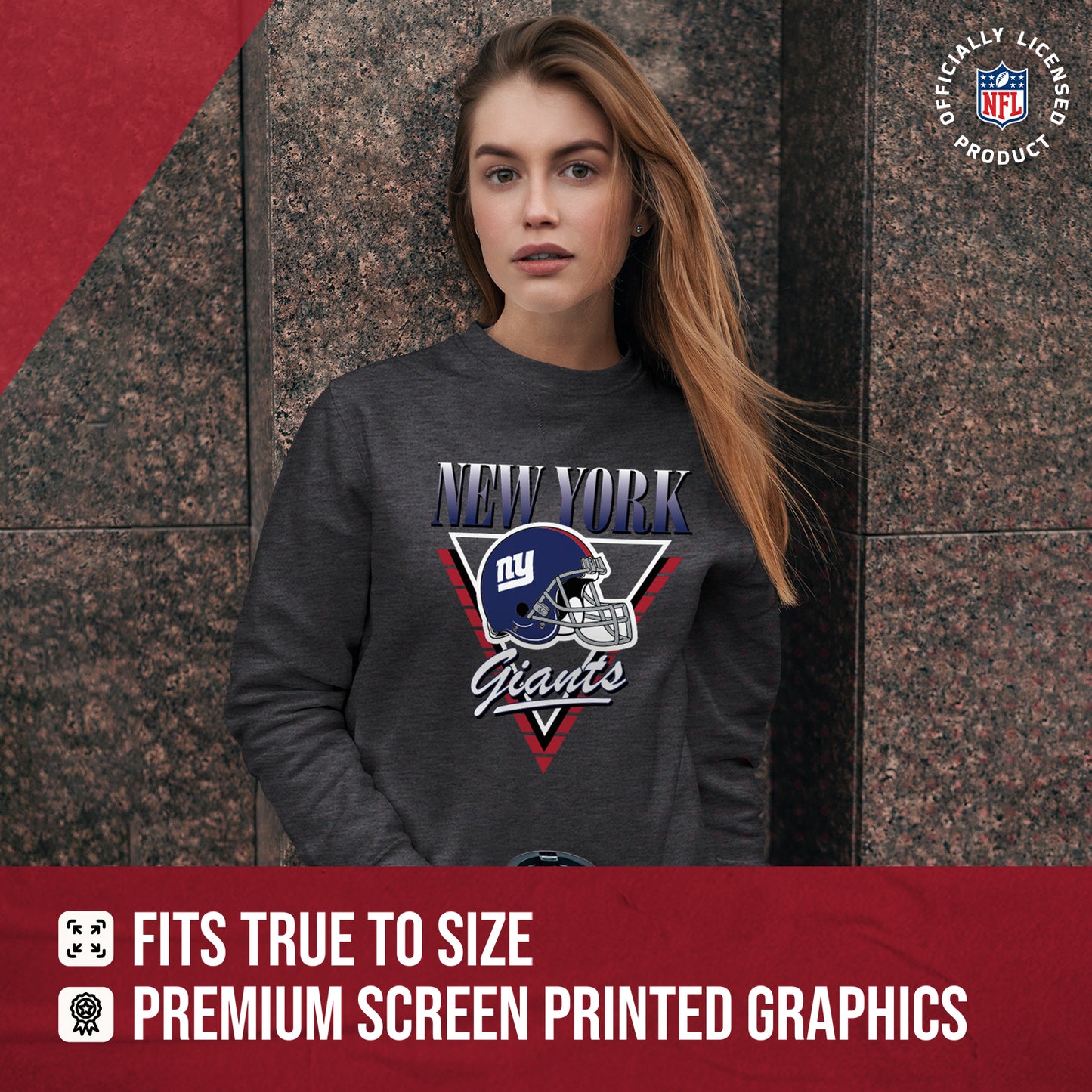 New York Giants NFL Womens Retro Triangle Slouchy Crewneck - Heather Charcoal