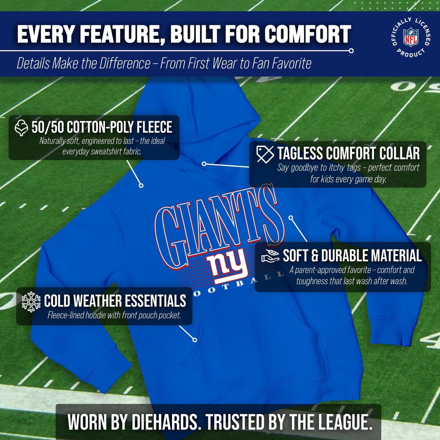 New York Giants NFL Youth Overtime Blueprint Football Fleece Hooded Sweatshirt - Royal