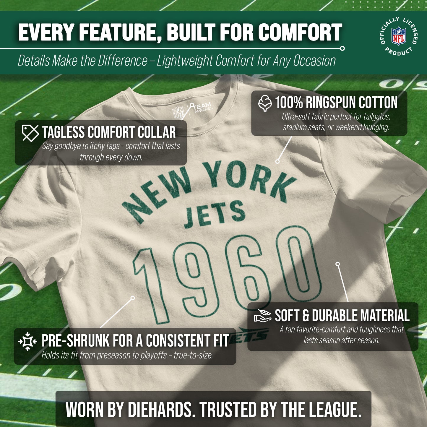 New York Jets NFL Adult Big Date Tag-Less T-Shirt - Natural