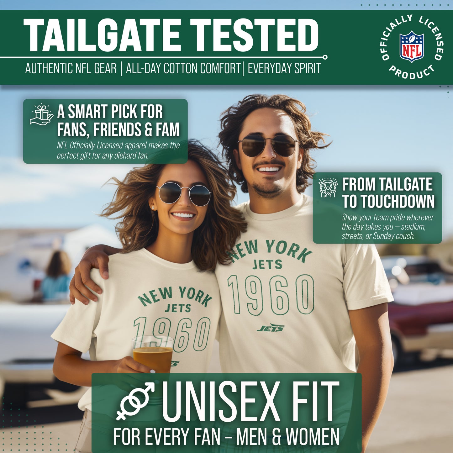 New York Jets NFL Adult Big Date Tag-Less T-Shirt - Natural