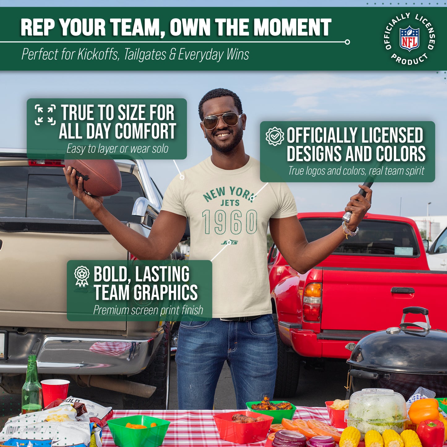 New York Jets NFL Adult Big Date Tag-Less T-Shirt - Natural