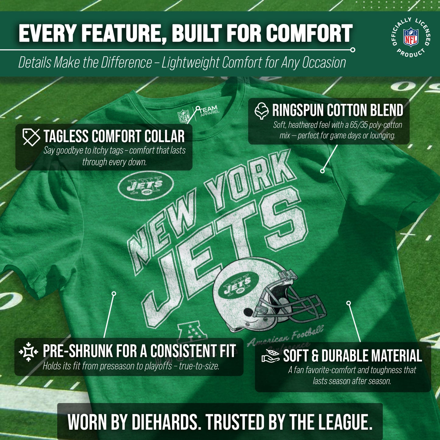 New York Jets NFL Adult Distressed Helmet Tag-Less T-Shirt - Kelly Green Heather