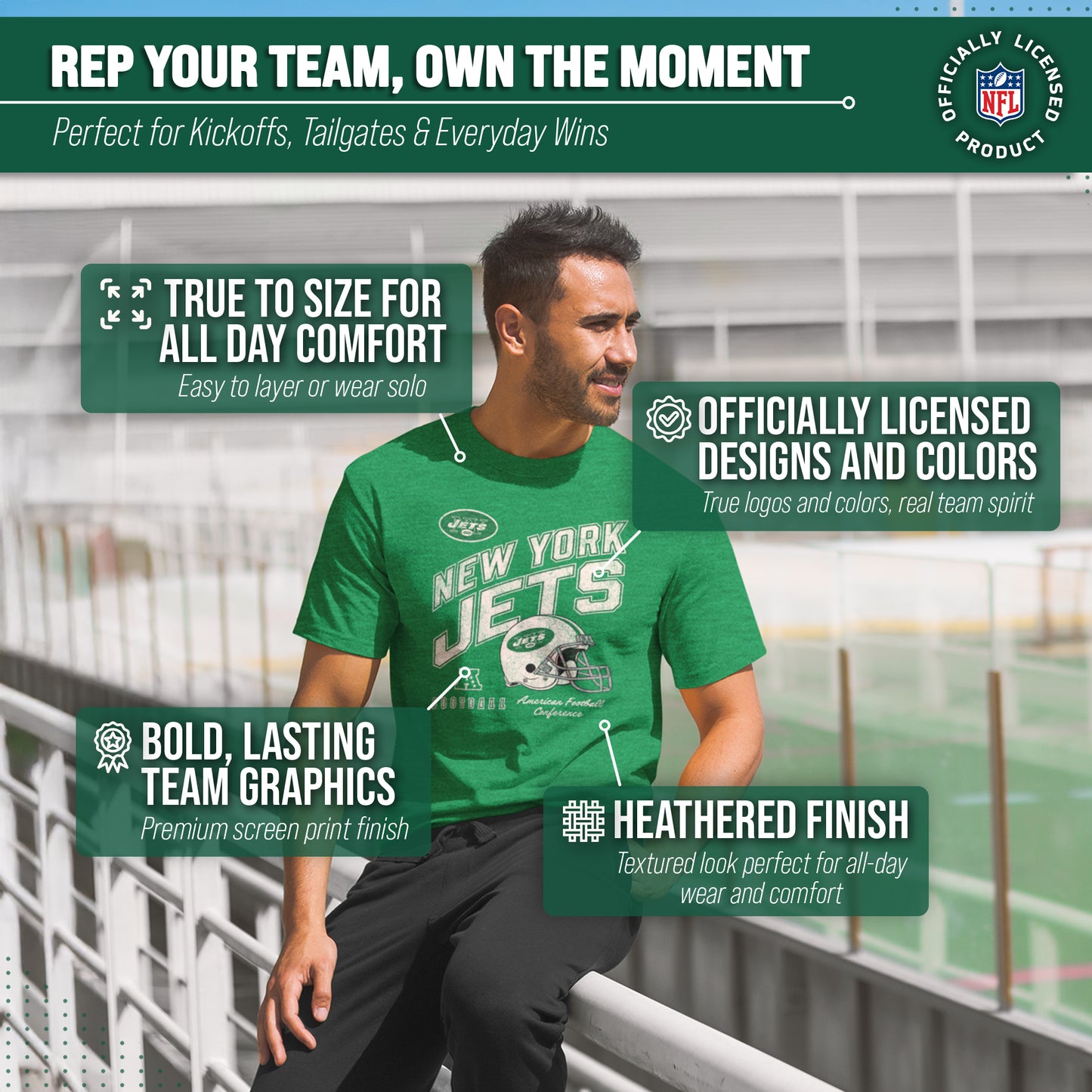 New York Jets NFL Adult Distressed Helmet Tag-Less T-Shirt - Kelly Green Heather