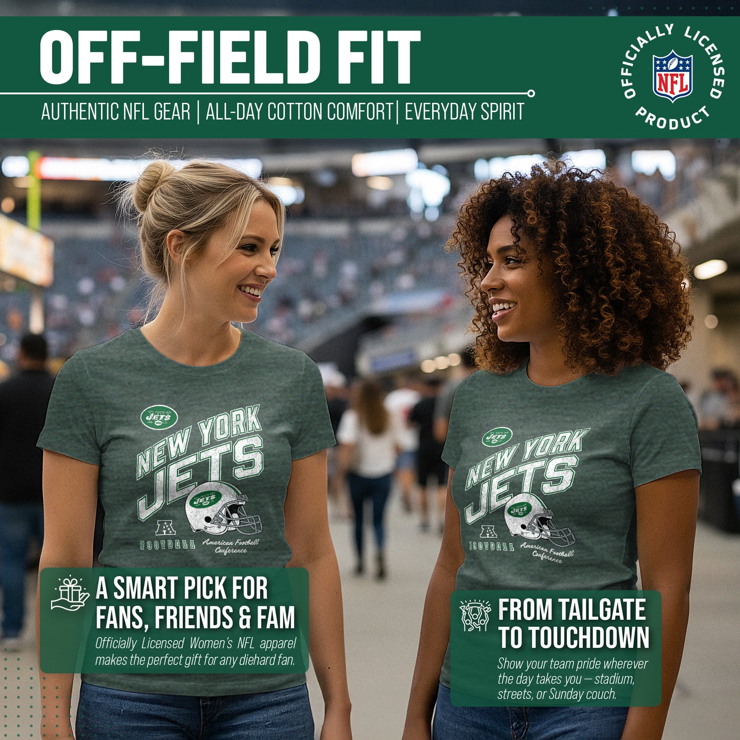 New York Jets NFL Womens Distressed Helmet Tag-Less Soft T-Shirt - Forest Green Heather
