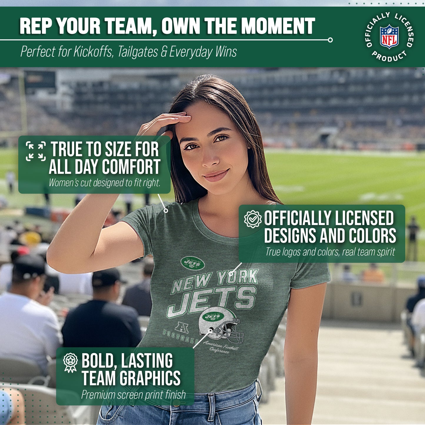 New York Jets NFL Womens Distressed Helmet Tag-Less Soft T-Shirt - Forest Green Heather