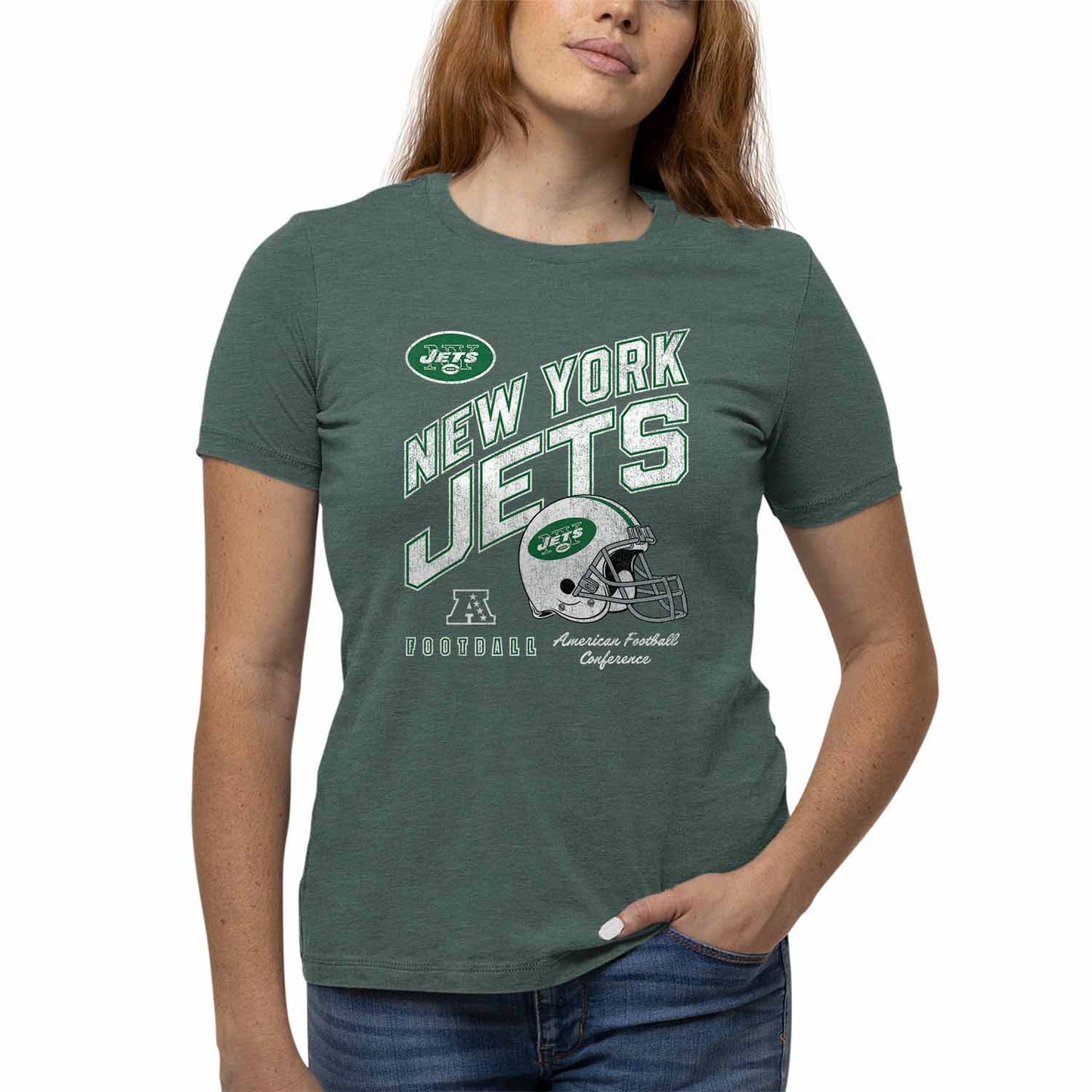 New York Jets NFL Womens Distressed Helmet Tag-Less Soft T-Shirt - Forest Green Heather