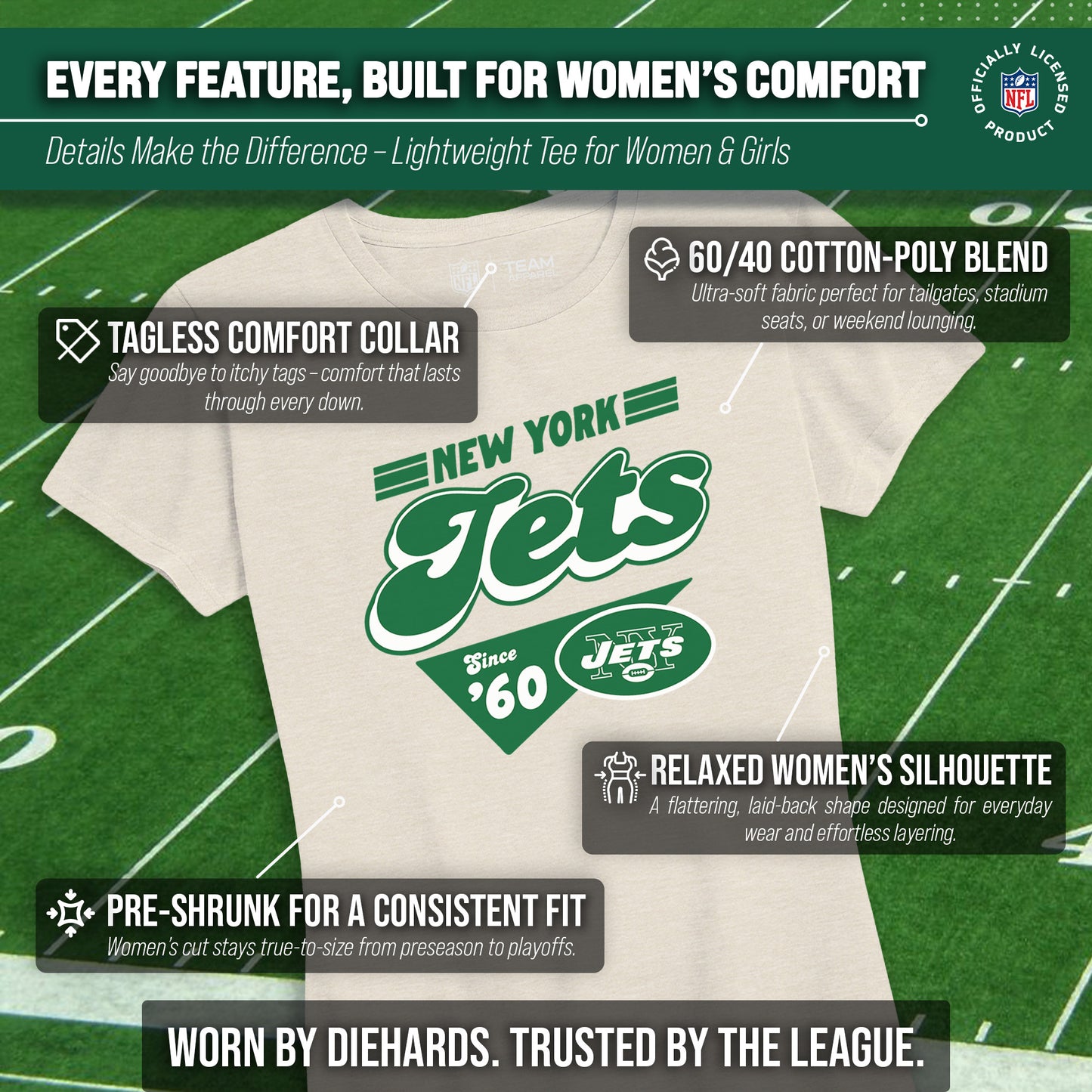 New York Jets NFL Womens Vintage Charm Tag-Less Soft T-Shirt - Birch