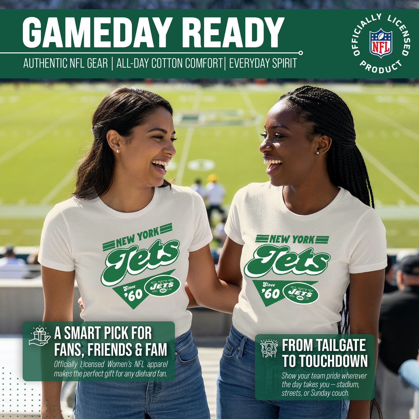 New York Jets NFL Womens Vintage Charm Tag-Less Soft T-Shirt - Birch