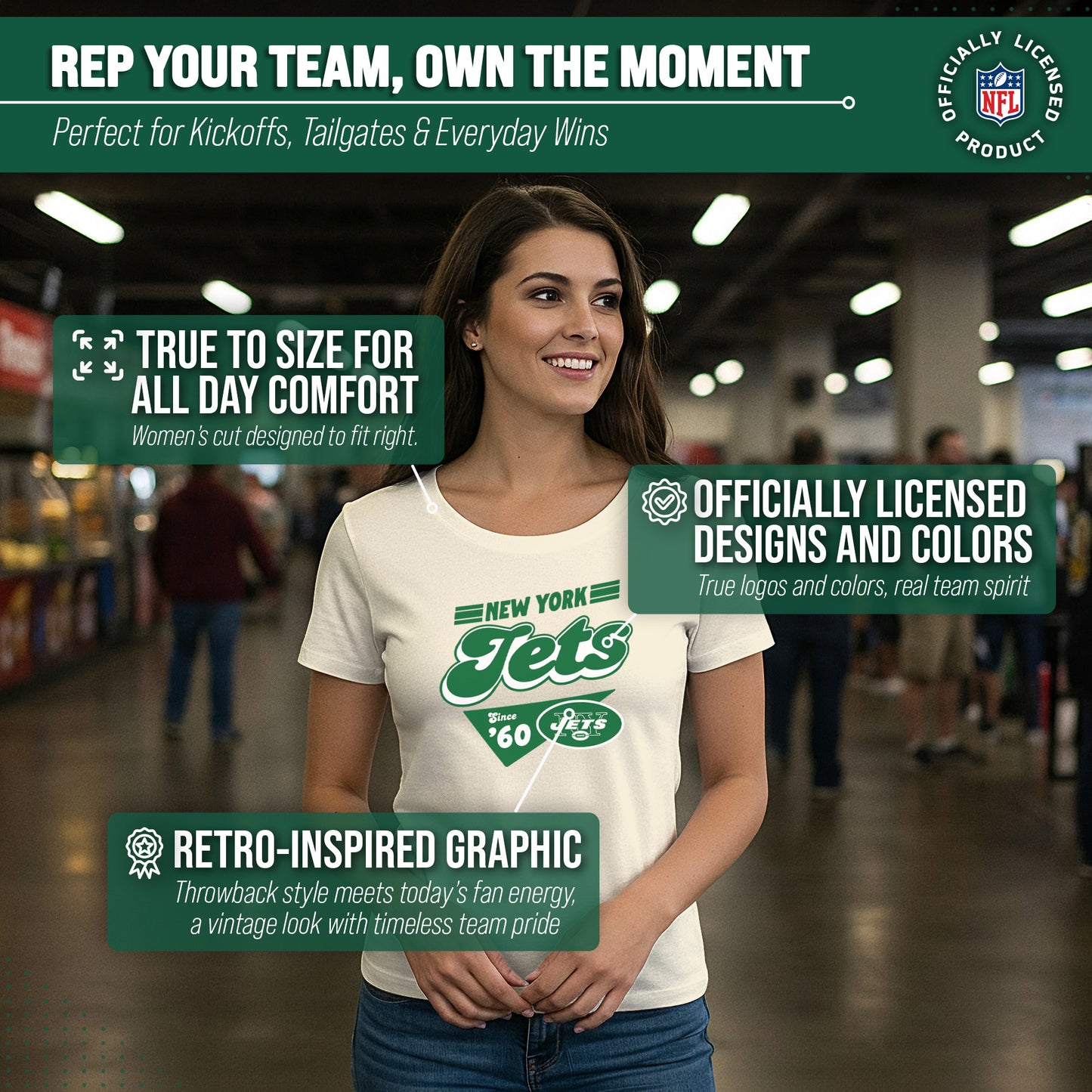 New York Jets NFL Womens Vintage Charm Tag-Less Soft T-Shirt - Birch