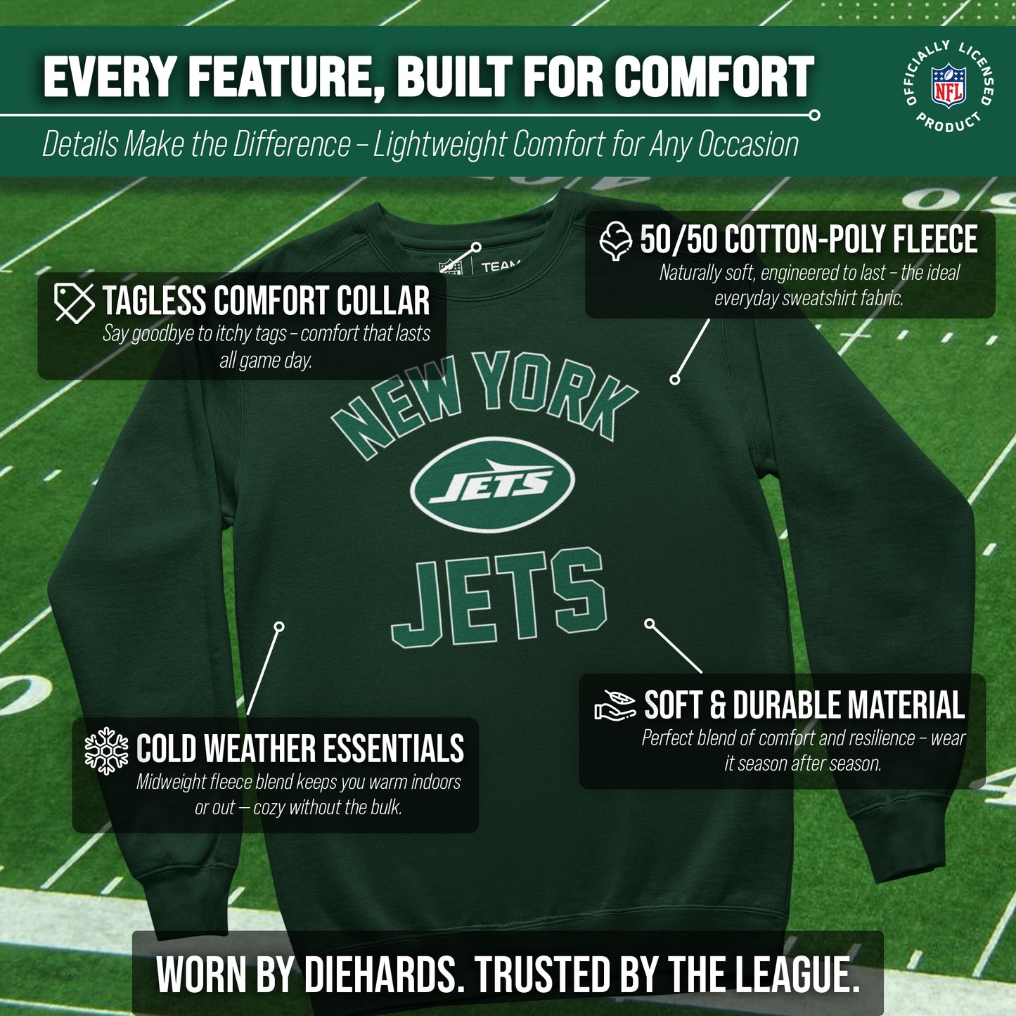 New York Jets NFL Adult Gameday Football Crewneck Sweatshirt - Forest Green