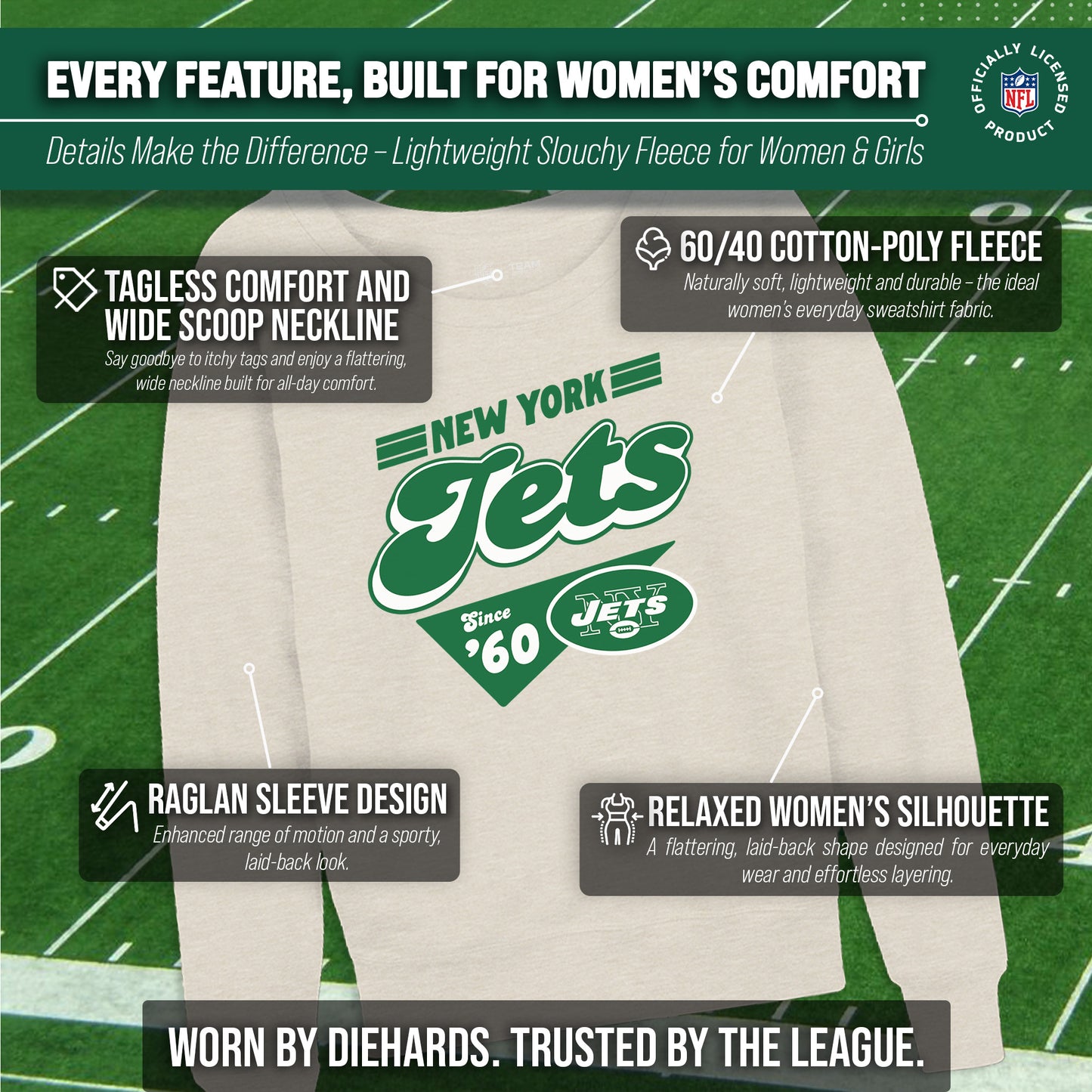 New York Jets NFL Womens Vintage Charm Slouchy Crewneck - Birch