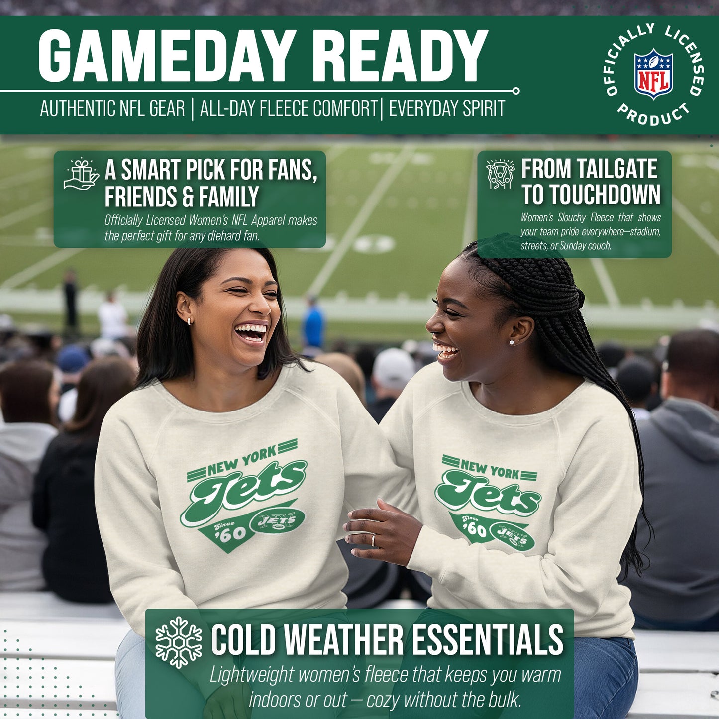 New York Jets NFL Womens Vintage Charm Slouchy Crewneck - Birch