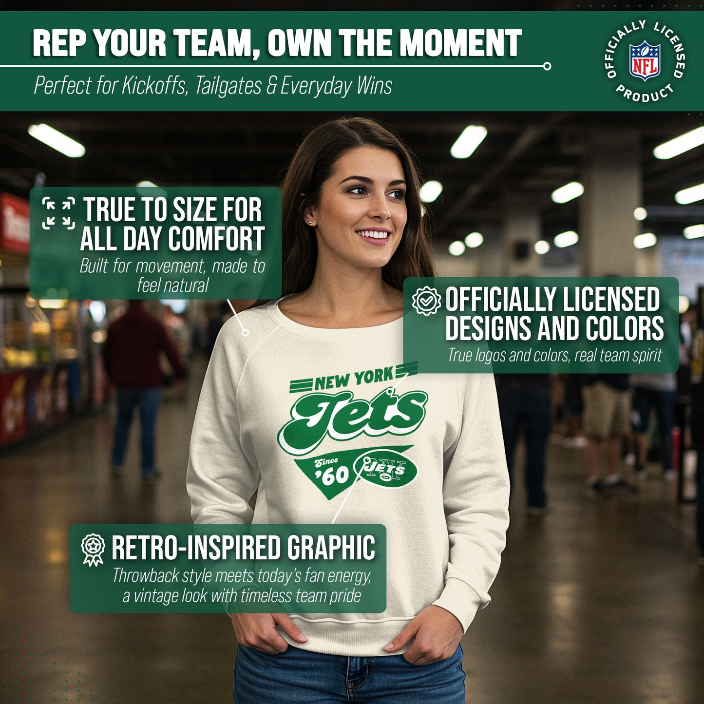 New York Jets NFL Womens Vintage Charm Slouchy Crewneck - Birch