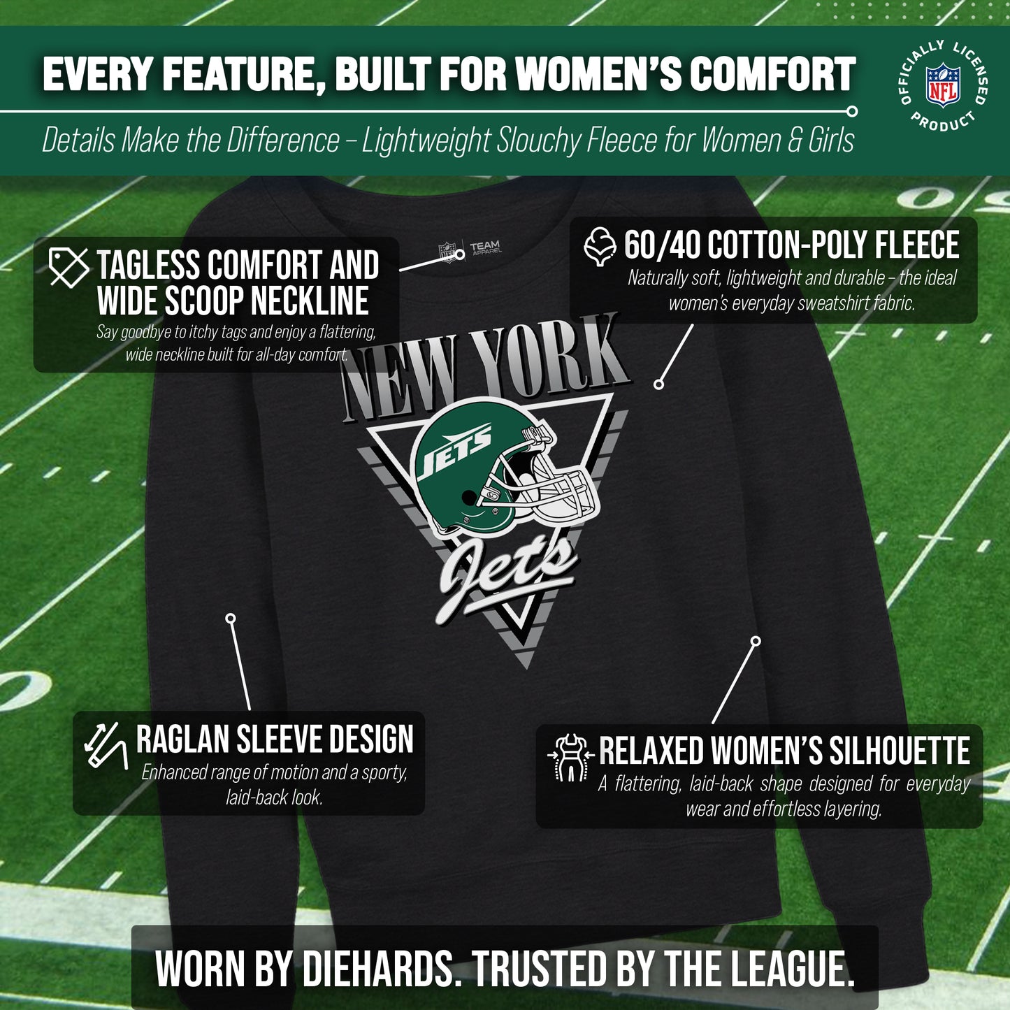 New York Jets NFL Womens Retro Triangle Slouchy Crewneck - Heather Charcoal