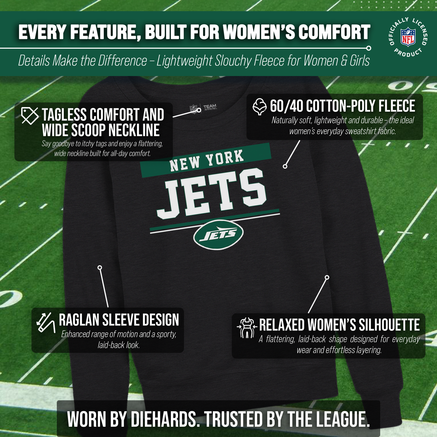 New York Jets NFL Womens Charcoal Crew Neck Football Apparel - Charcoal
