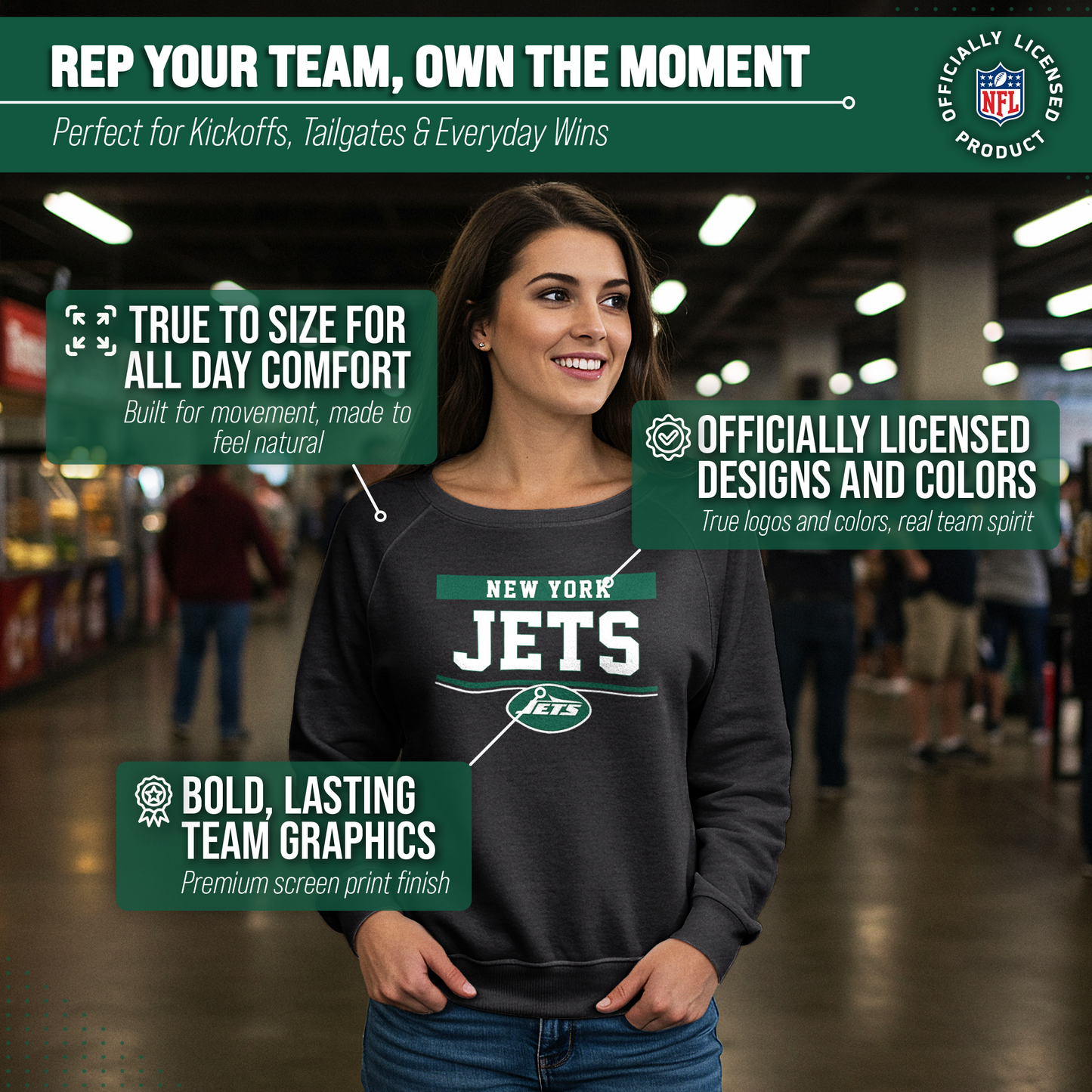 New York Jets NFL Womens Charcoal Crew Neck Football Apparel - Charcoal