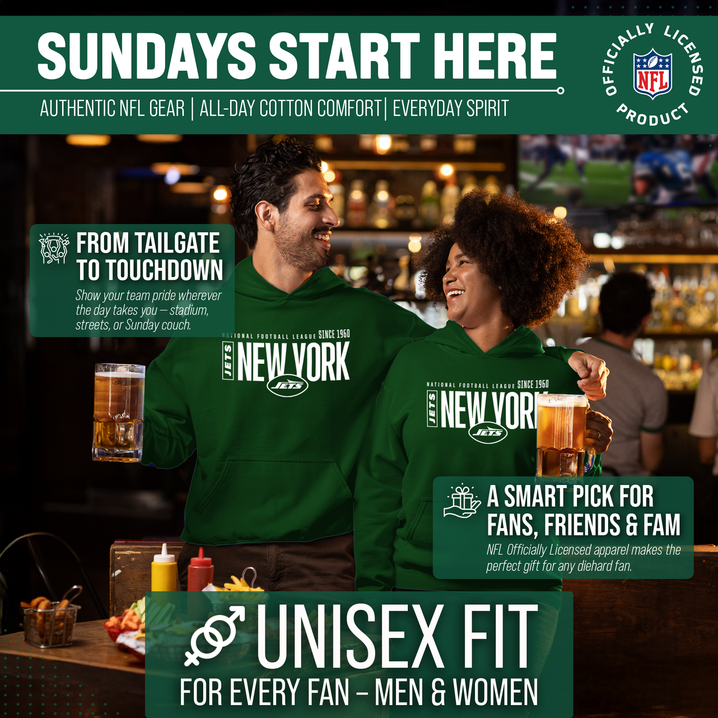 New York Jets NFL Adult Unisex Modern Endzone Soft Fleece Hooded Sweatshirt - Forest Green