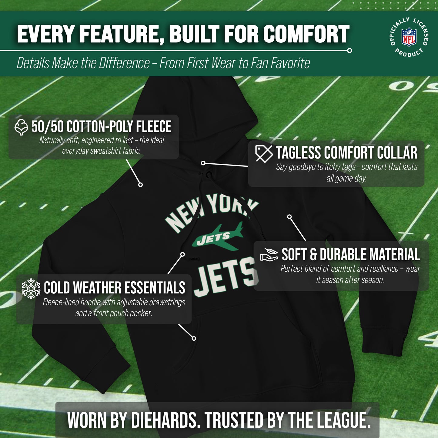 New York Jets NFL Adult Unisex Retro Gameday Ultra Soft Fleece Hooded Sweatshirt - Black